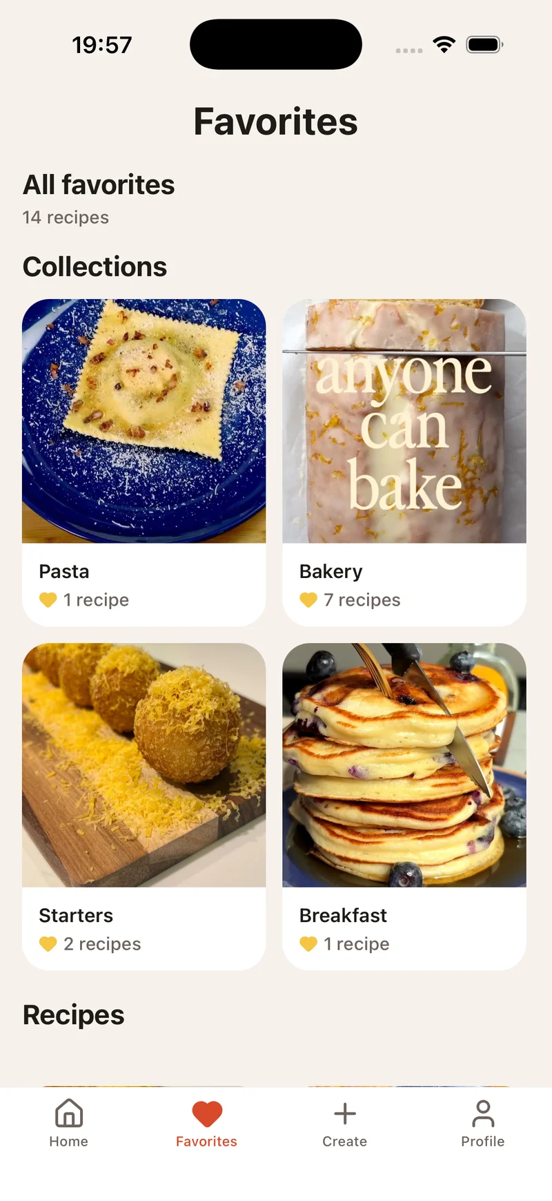 Hugo cookbook favorites screen showing recipe collections