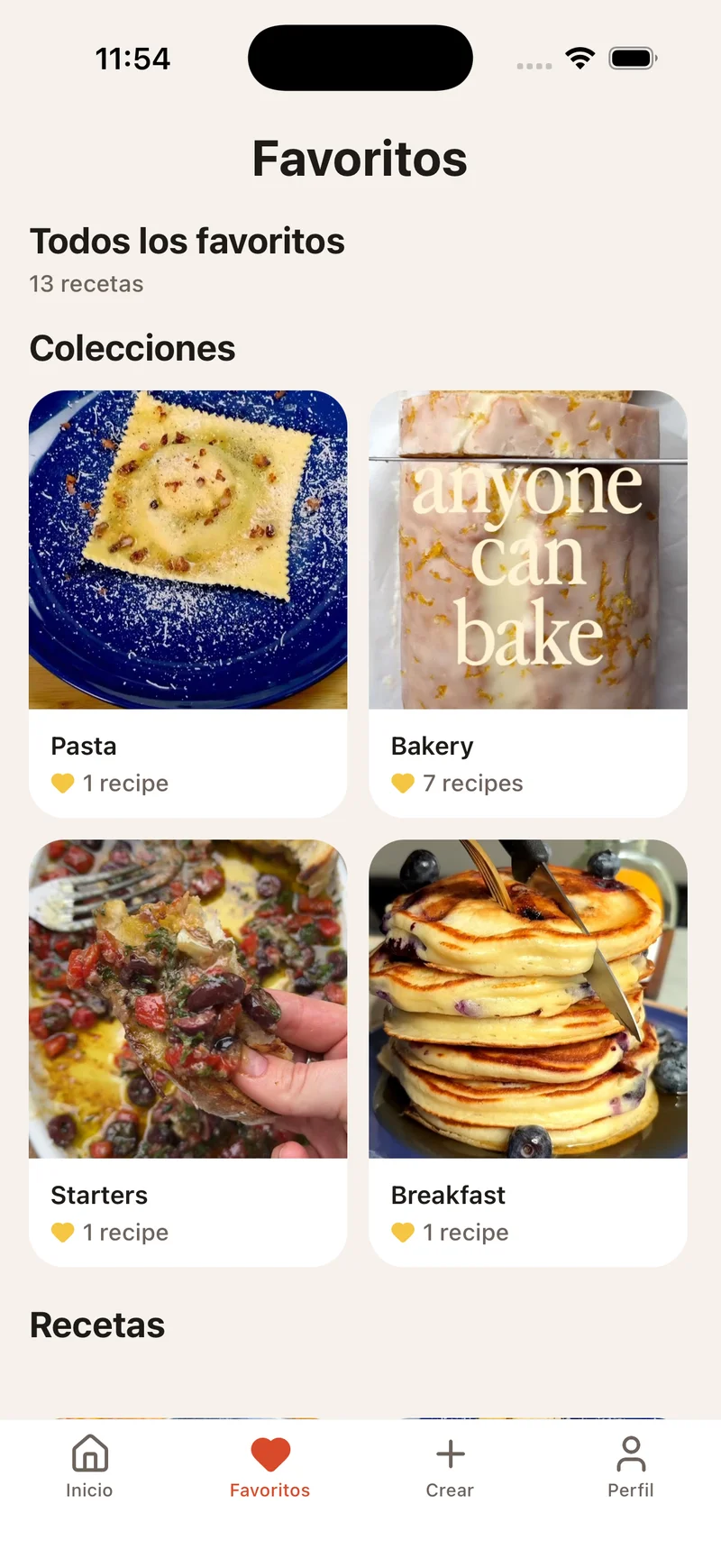 Pantalla de favoritos de Hugo con colecciones de recetas