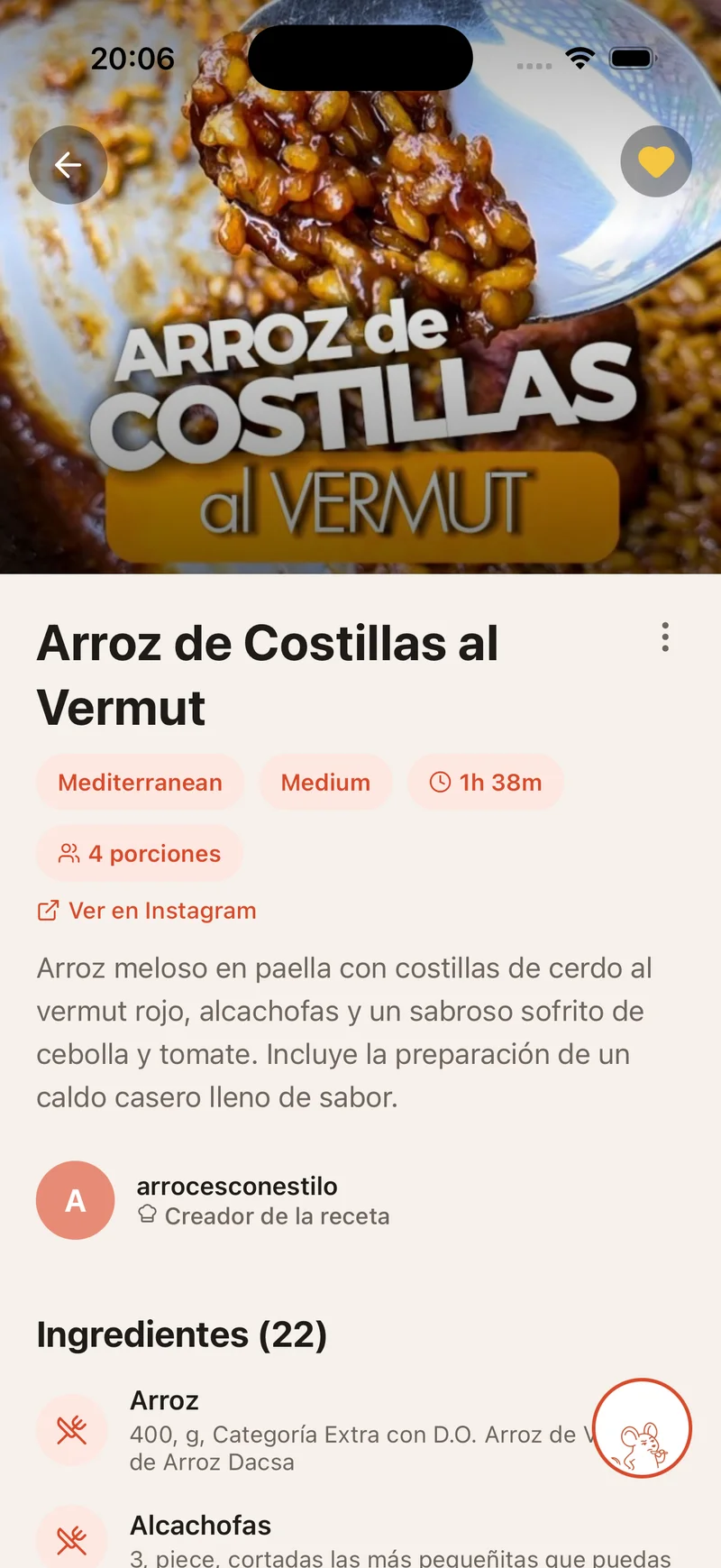 Pantalla de detalle de receta de Hugo