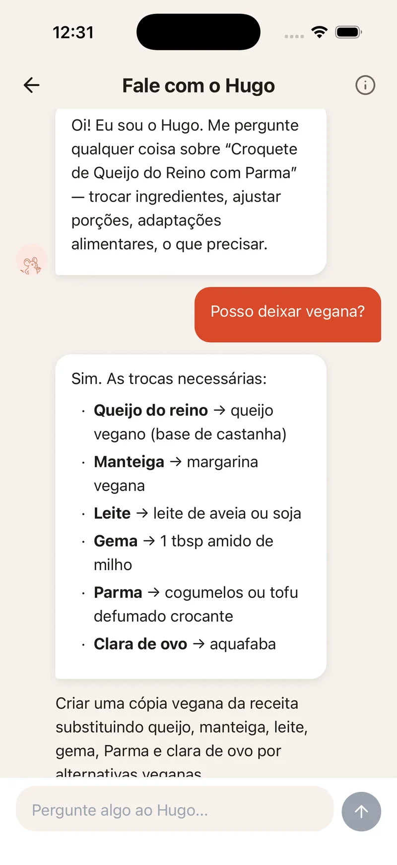Tela de chat com o sous-chef Hugo