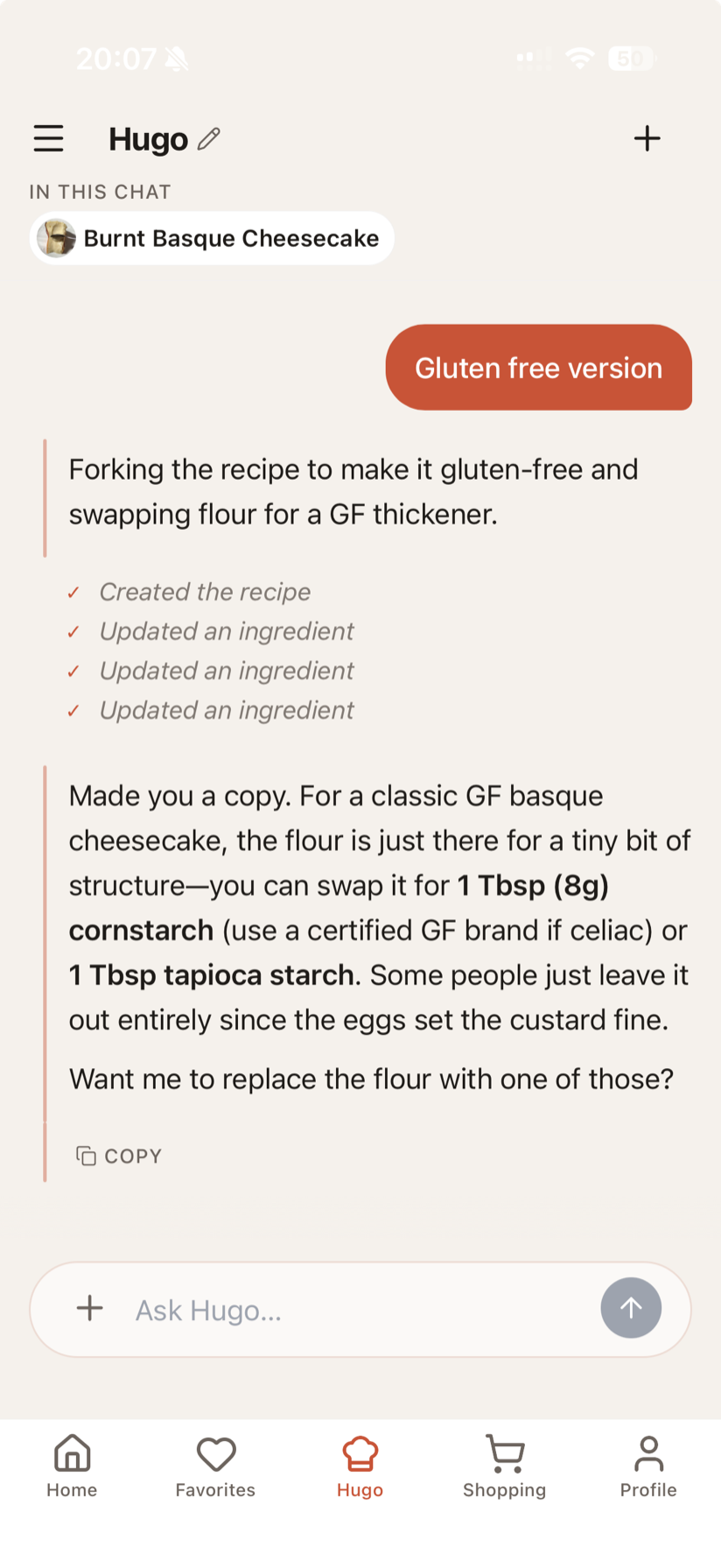 Hugo AI agent adapting a recipe to be gluten-free